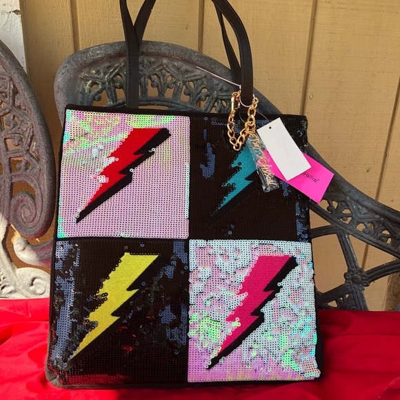 Betsey Johnson Sequined Lightning Medium Tote Red